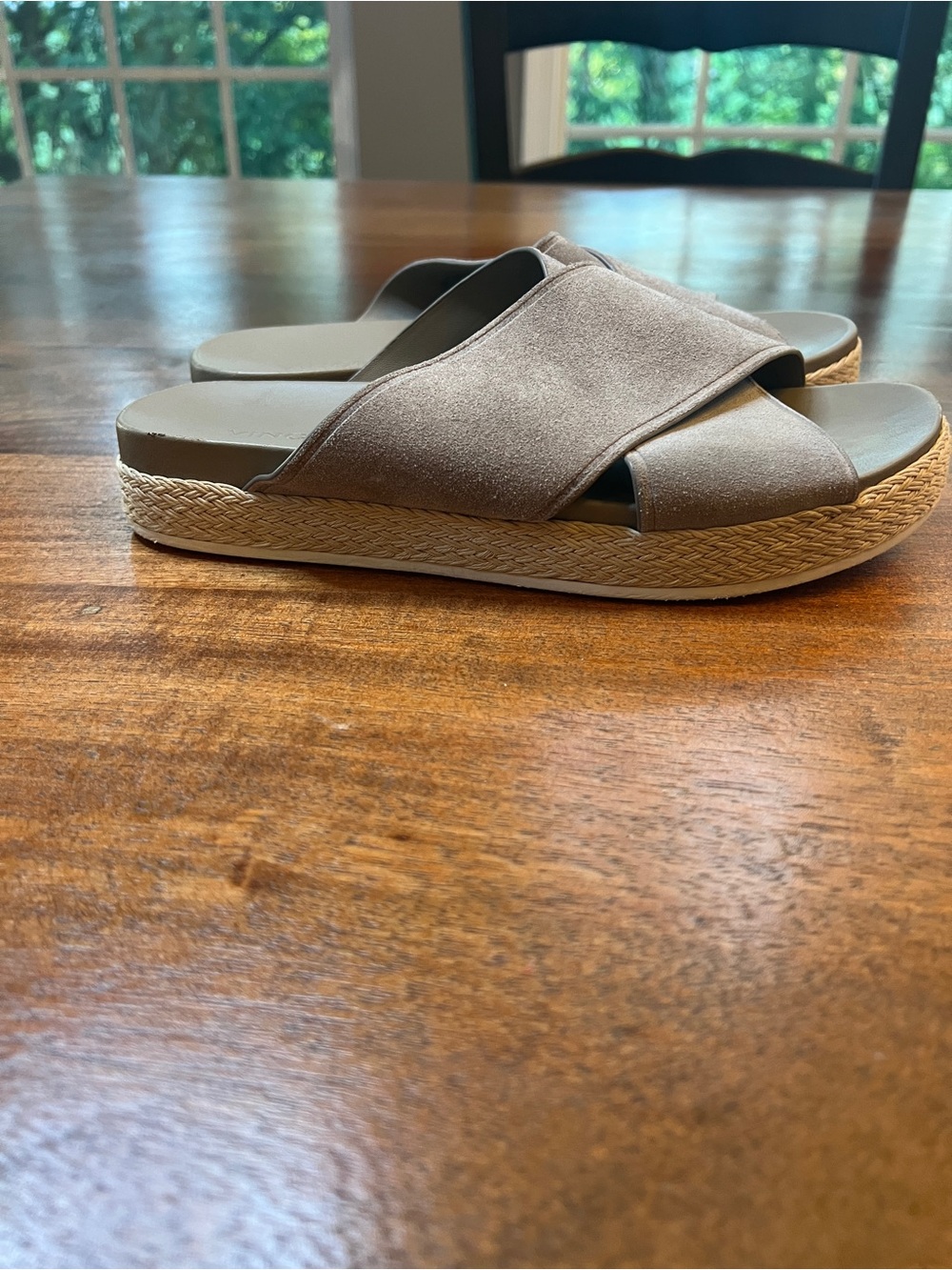 Vince Women's Gray Suede Crisscross Slide Sandals Braided Trim US 7.5
